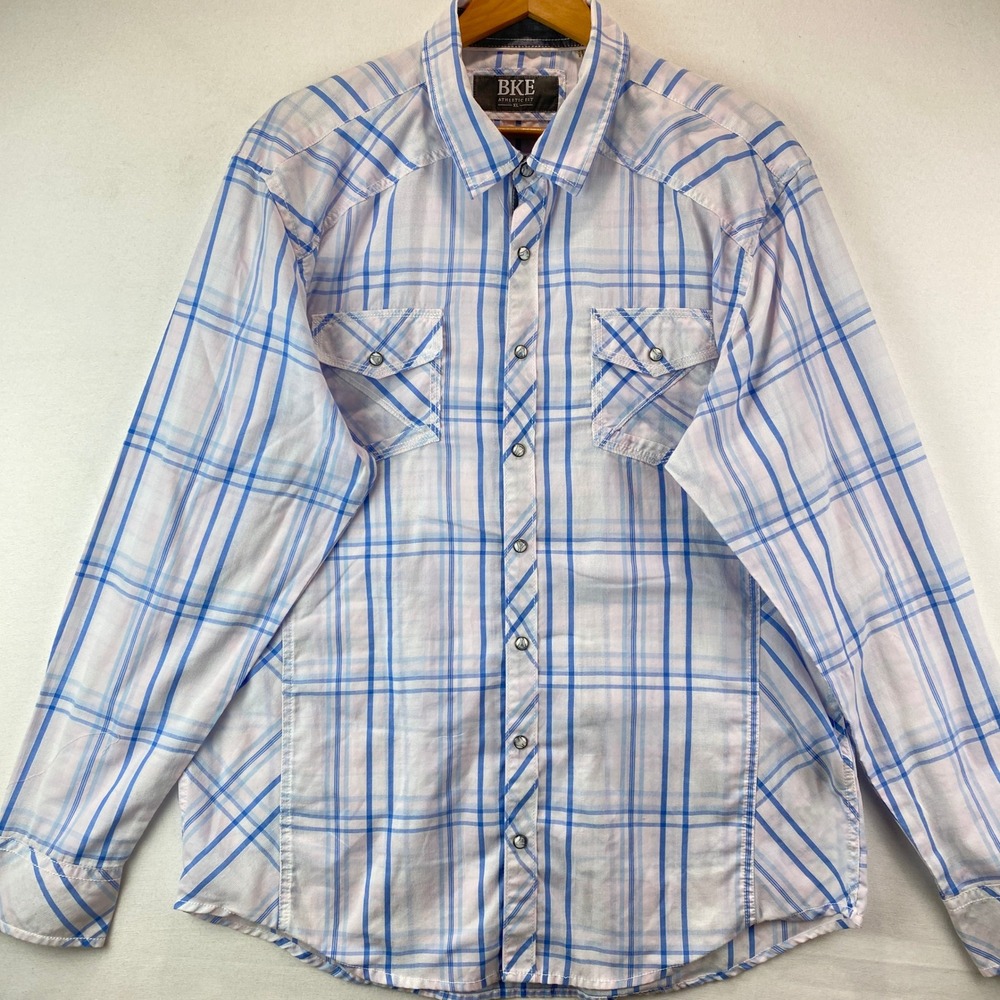 BKE Athletic Fit Pearl Snap Mens XL Blue Pink Plaid Front Western Shirt 11644FPW